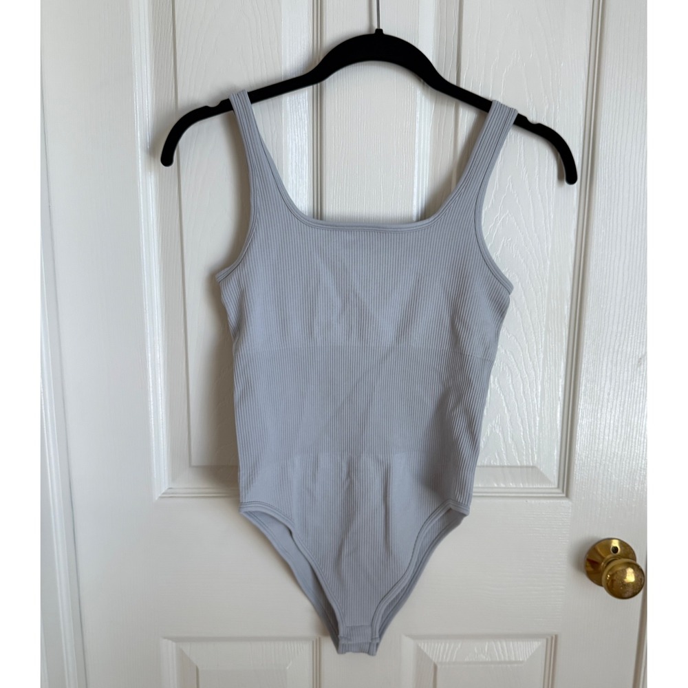 Light Grey Ribbed Seamless Square Neck Bodysuit‎ Tank Thong Snap Gusset Slim Fit
